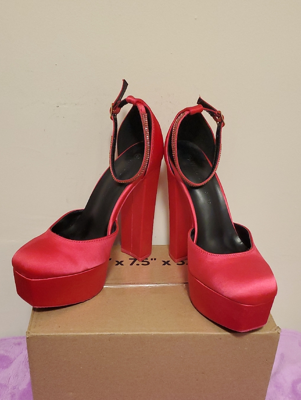Red Satin Platform Block-Heel Ankle-Strap Pumps, Size 8